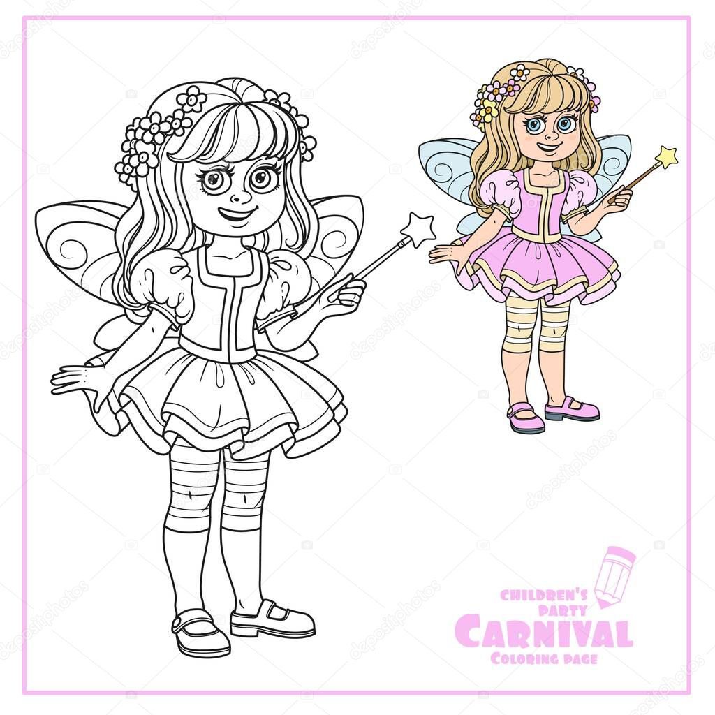 Cute girl in fairy costume  with a magic wand color and outlined for coloring page