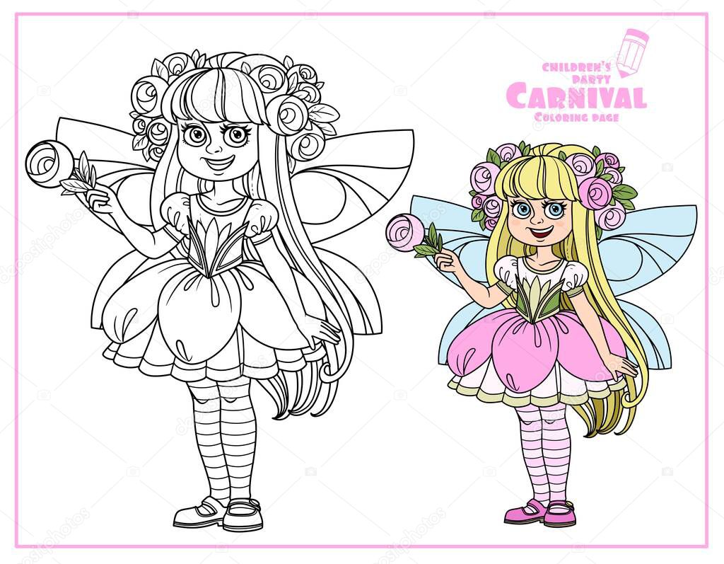 Cute girl in fairy with pink flowers costume color and outlined for coloring page