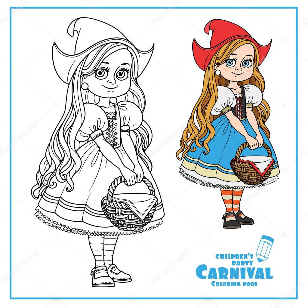 Cute girl in red cap costume with a basket in her hands costume color and outlined for coloring page