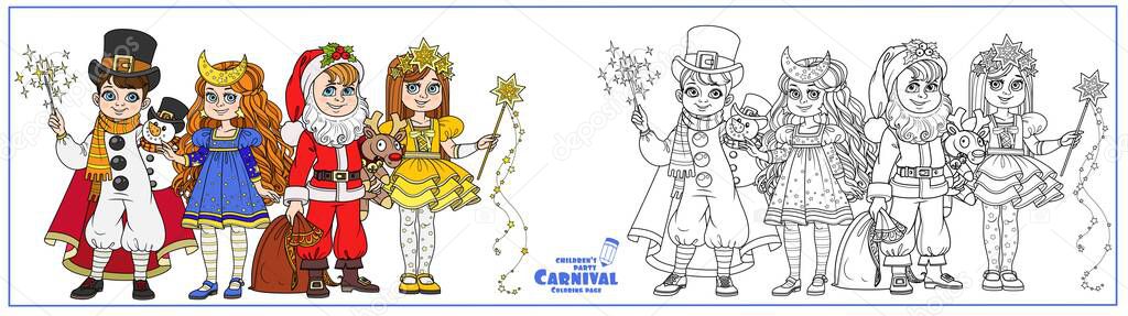 Children in carnival costumes Christmas characters Santa Claus,Star, Christmas night, snowman color and outlined for coloring page