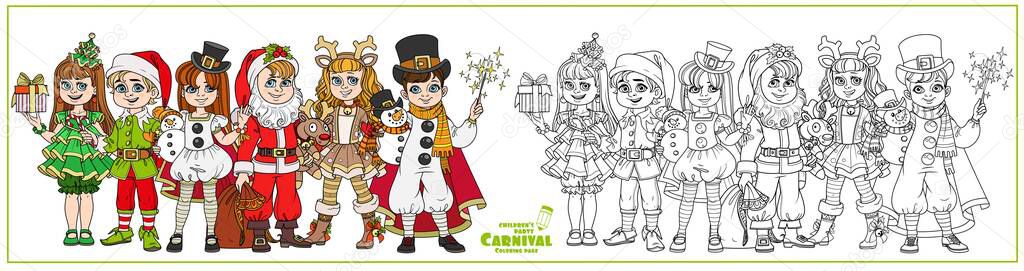 Children in carnival costumes Christmas characters Santa Claus, deer, Christmas tree, snowman, elf helper color and outlined for coloring page
