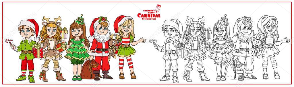 Children in carnival costumes christmas characters color and outlined for coloring page