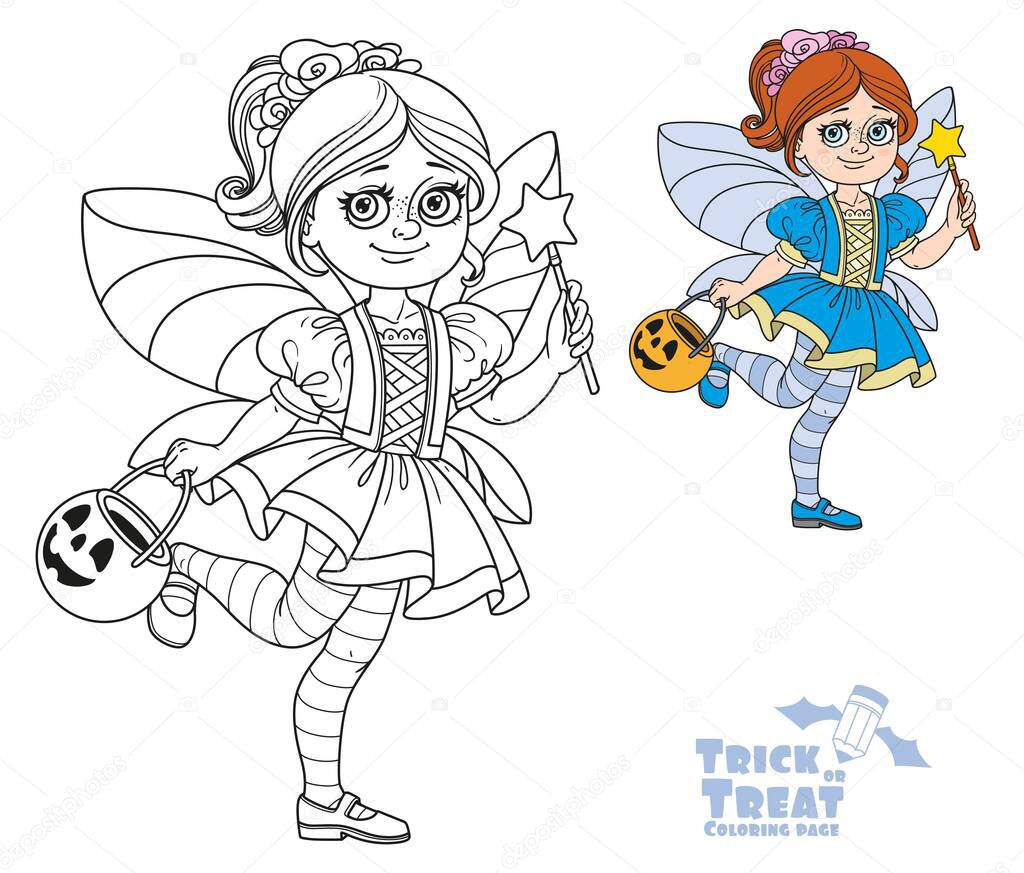 Cute girl in fairy costume holding a pumpkin bag for sweets  trick or treat color and outlined for coloring page