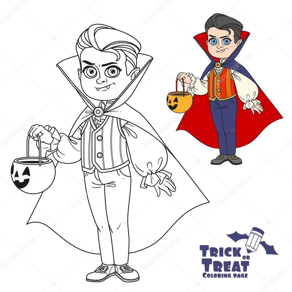 Cute boy in vampire costume with a pumpkin bag for sweets trick or treat color and outlined for coloring page