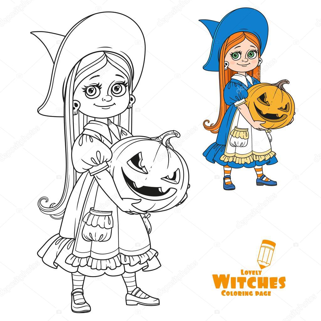 Cute girl in witch costume holding a large pumpkin carved with a grin color and outlined for coloring page