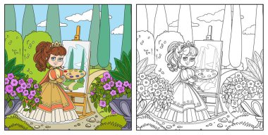 Paleti, fırçası ve sehpası olan güzel prenses park renginde resim çizer ve beyaz arkaplanda boyama kitabı için özet geçer.