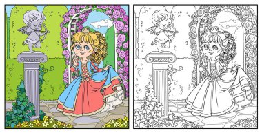 Parkta, sarmaşık rengine bürünmüş ve renklendirilmesi için özetlenmiş bir sütun üzerinde duran aşk tanrısı okçusu heykeliyle güzel bir prenses.