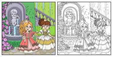 İki güzel prenses, Cupid çeşmesinin yanındaki hayranlarıyla saray parkının tenha bir köşesinde renklendirilmiş bir sürahi gül ile iletişim kuruyor.