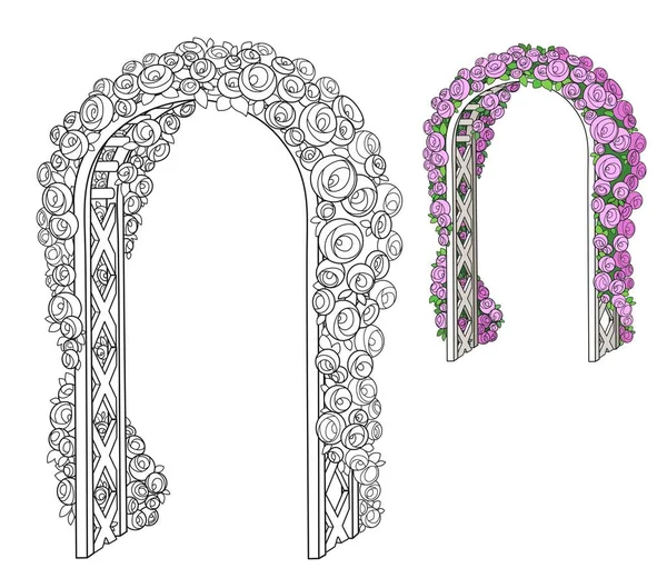 Arco Flores Trenzado Rosas Color Delineado Para Colorear — Vector de stock