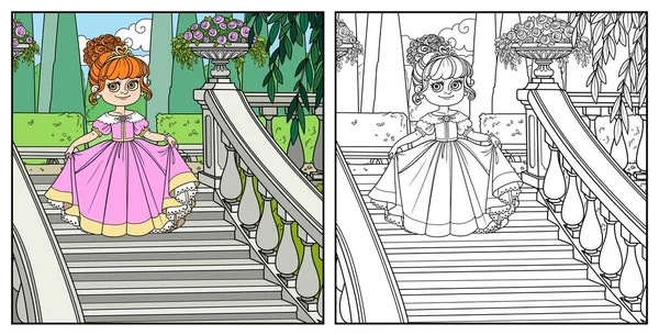 Hermosa Pequeña Princesa Curtsies Escalera Grande Color Del Parque Del — Archivo Imágenes Vectoriales