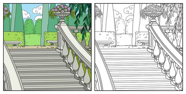Geniş Merdiven Renginde Boyamak Için Çizilmiş Güzel Bir Saray Parkı — Stok Vektör