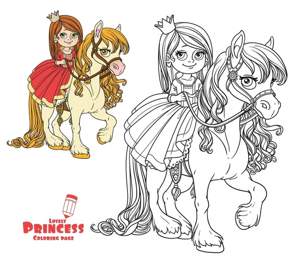 Beautiful Little Princess Riding Horse Color Outlined Picture Coloring Book — Stock Vector