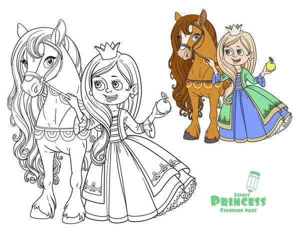 Princesa Bonita Com Cor Cavalo Imagem Delineada Para Colorir Livro —  Vetores de Stock