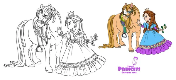 Beautiful Princess Stroking Horse Color Outlined Picture Coloring Book White — Stock Vector