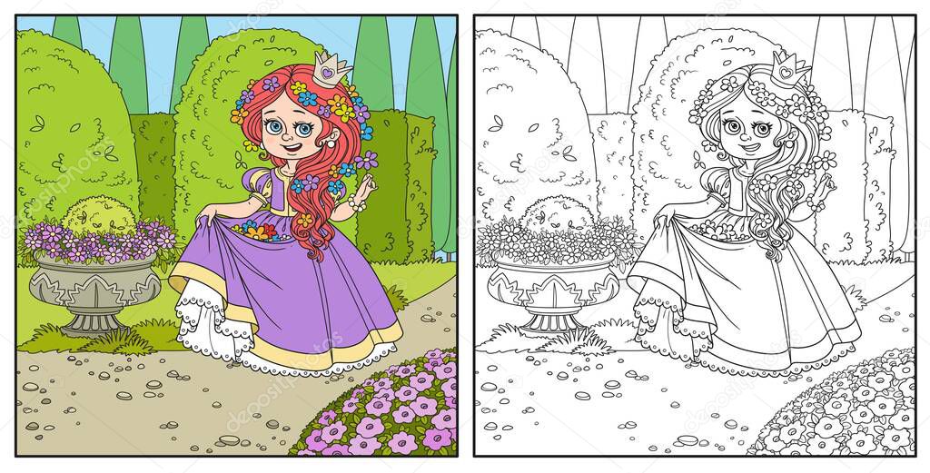 Beautiful princess with flowers in hair and the hem of the dress in palace park with topiary and flowers color and outlined for coloring