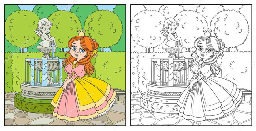 Cute princess in palace park with Cupid fountain color and outlined for coloring