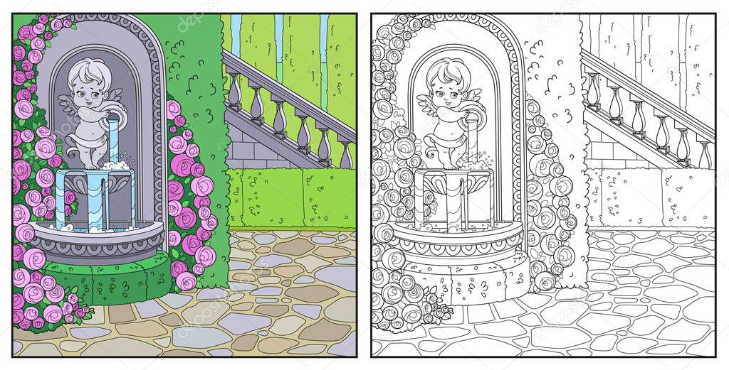 Fountain Cupid with a jug rose overlaid in a secluded corner of the palace park color and outlined for coloring