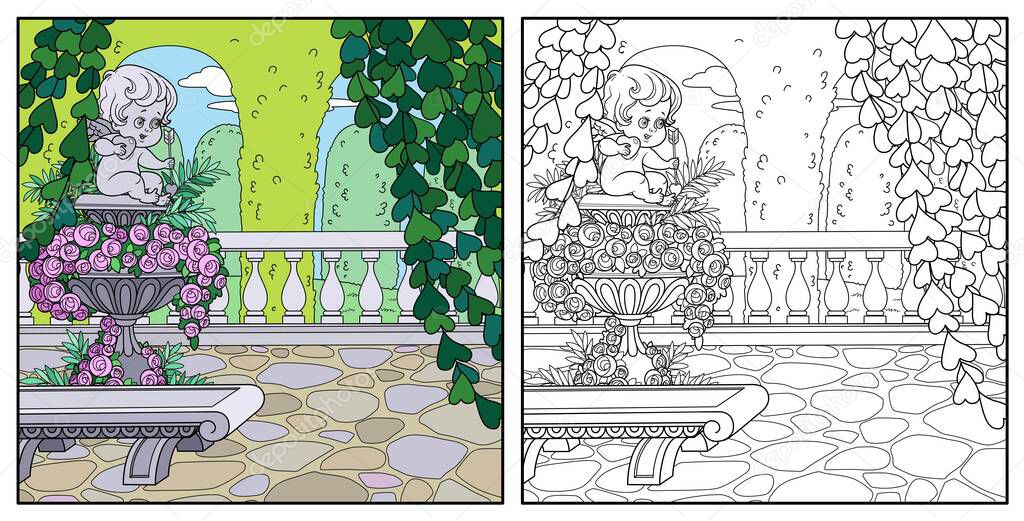 Palace Park cozy corner near garden marble vase with a statue of Cupid color and outlined for coloring
