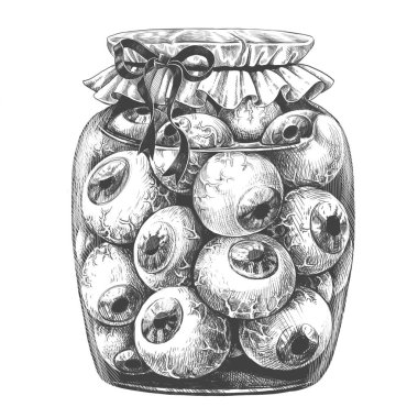 Glass jar with eyeballs paper napkin tied a ribbon on a white background clipart