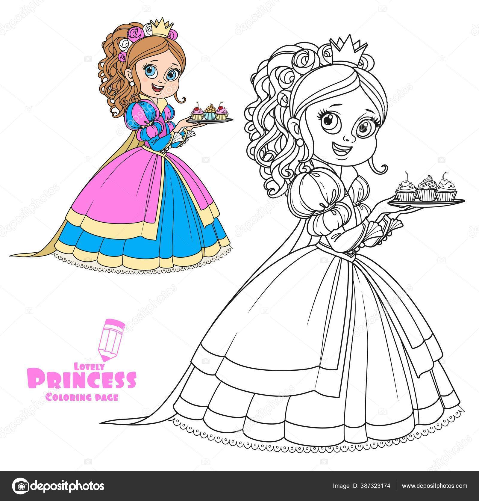 Hermosa Princesa Con Cupcakes Color Placa Delineado Para Colorear Libro  Vector de stock #387323174 de ©yadviga, image size:1600x1672