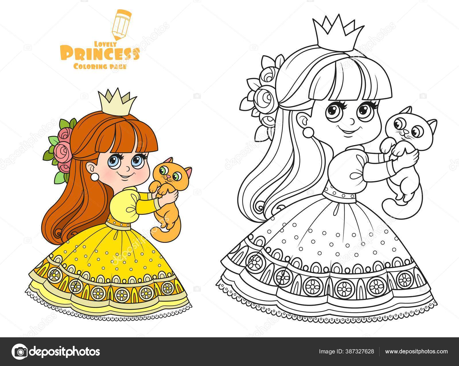 Little Princess Yellow Dress Holds Cute Kitten Hands Outlined ...