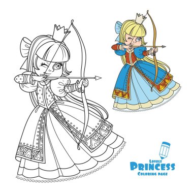 Beautiful princess archer color and outlined picture for coloring book on white background