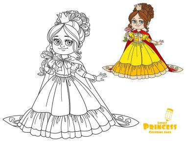 Beautiful princess with a flower in her hand and a long cloak color and outlined picture for coloring book on white background