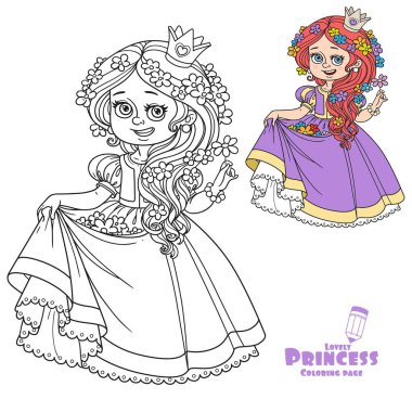 Beautiful princess with flowers in the hair and the hem of the dress color and outlined picture for coloring book on white background