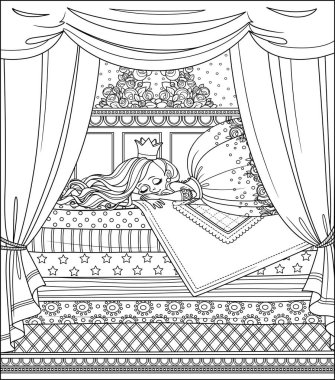 Little princess sleeping on a high bed with many mattresses and canopy outlined picture for coloring book on white background