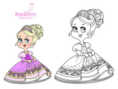 Cute princess in a pink dress outlined and color for coloring book