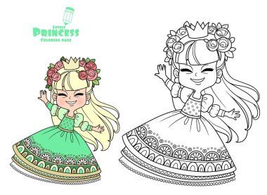 Güllerle süslenmiş bir çelenk içinde dans eden ve boyama kitabı için renk veren sevimli prenses.