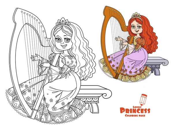 Princesa Bonita Tocando Cor Harpa Celta Imagem Delineada Para Colorir — Vetor de Stock