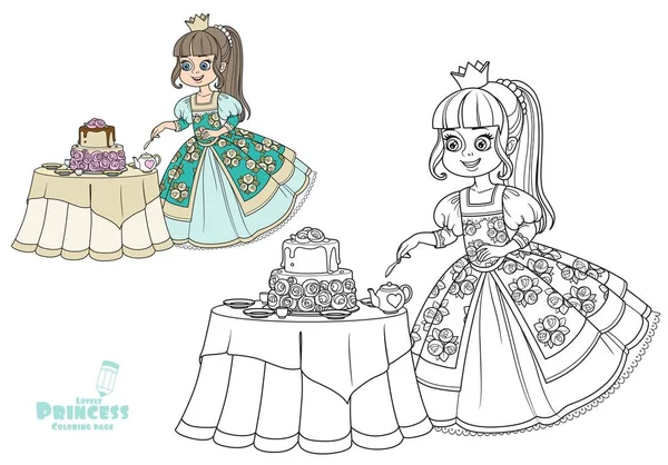 Schöne Prinzessin Der Nähe Des Tisches Mit Einem Leckeren Kuchen — Stockvektor