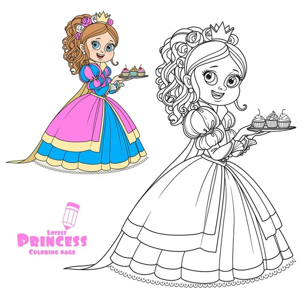 プレートの色にカップケーキと美しい王女と白の背景に隔離された着色本のために概説 — ストックベクタ