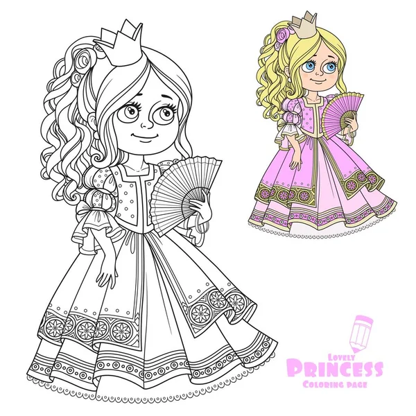 Belle Princesse Avec Ventilateur Couleur Main Contour Pour Coloration Isolée — Image vectorielle