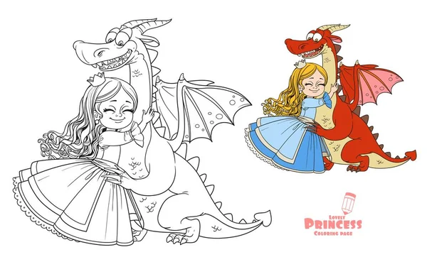 Piccola Principessa Abbraccia Colore Del Drago Delineato Immagine Libro Colorare — Vettoriale Stock