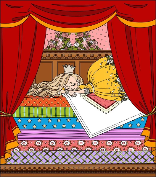 Little Princess Sleeping High Bed Many Mattresses Color Outlined Picture — Stock Vector