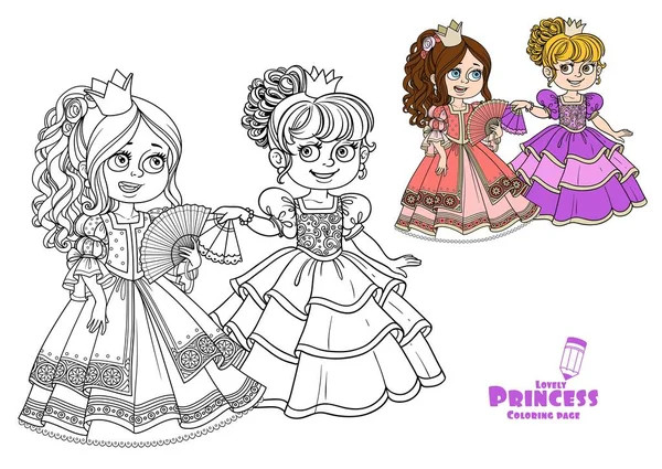 Dos Hermosas Princesas Comunican Con Color Los Fans Contorno Para — Vector de stock