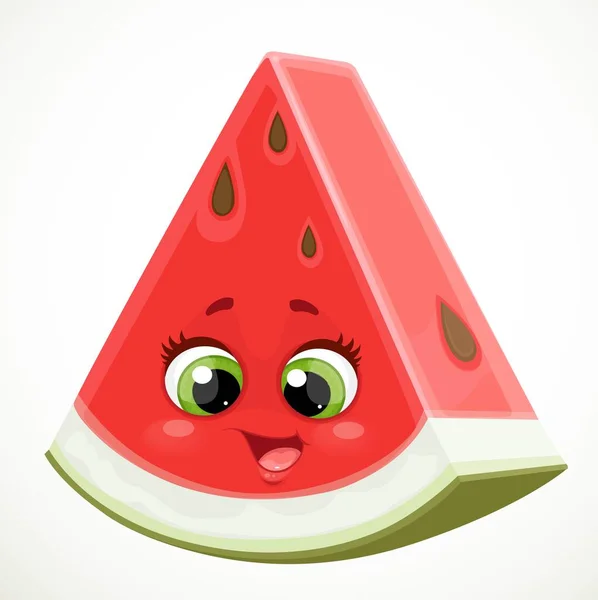 Schattig Klein Cartoon Emoji Stuk Van Rode Watermeloen Geïsoleerd Witte — Stockvector