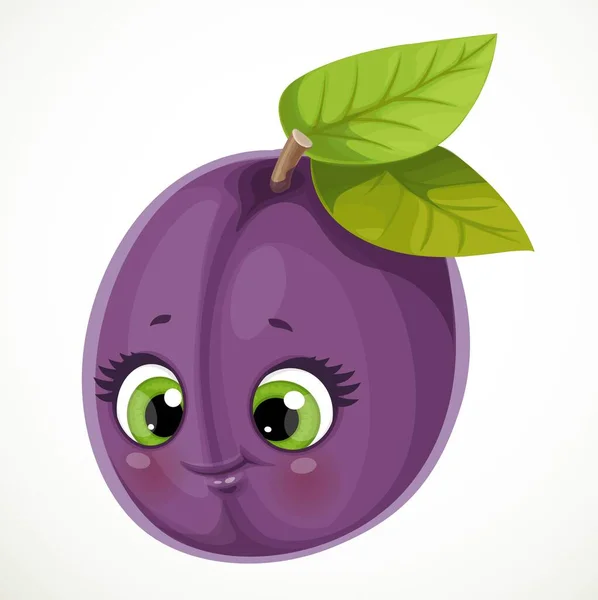 Linda Pequeña Caricatura Emoji Ciruela Púrpura Con Hojas Aisladas Sobre — Vector de stock
