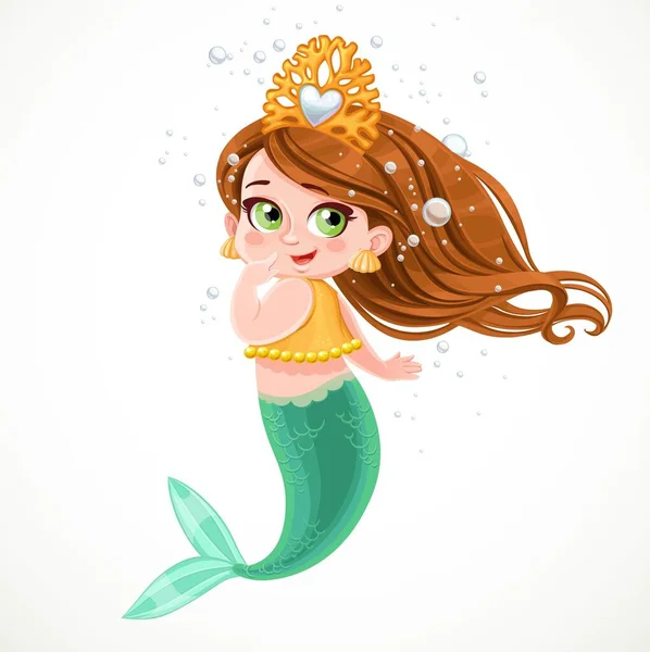 Cute Little Mermaid Girl Coral Tiara Air Bubbles Isolated White — Stock Vector