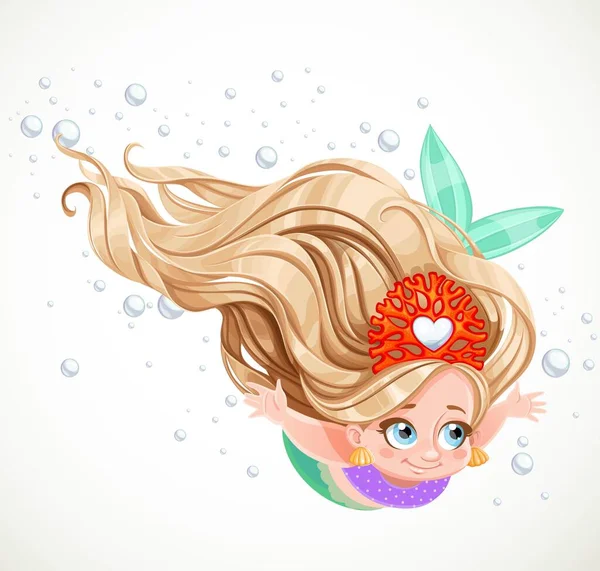 Cute Little Mermaid Girl Coral Tiara Floating Surrounded Air Bubbles — Stock Vector