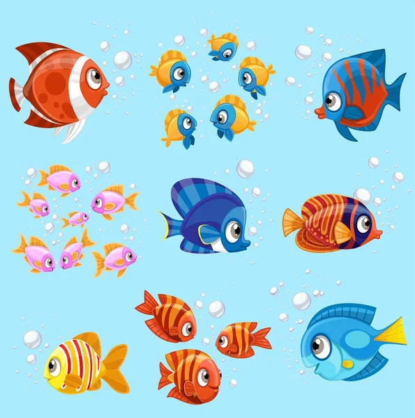 Cartoon Sea Fishes Set Blue Background — Stock Vector