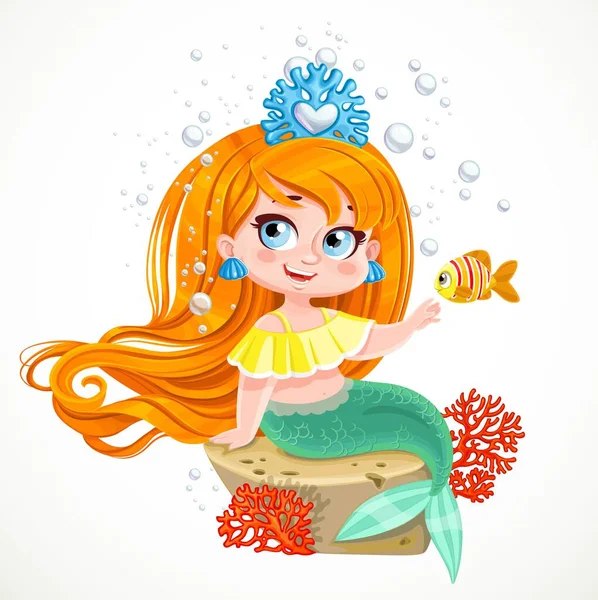 Cute Little Mermaid Girl Coral Tiara Sit Small Stone Red — Stock Vector