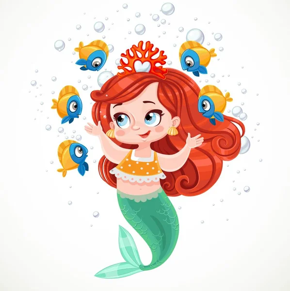 Cute Little Mermaid Girl Coral Tiara Talking Fish Air Bubbles — Stock Vector