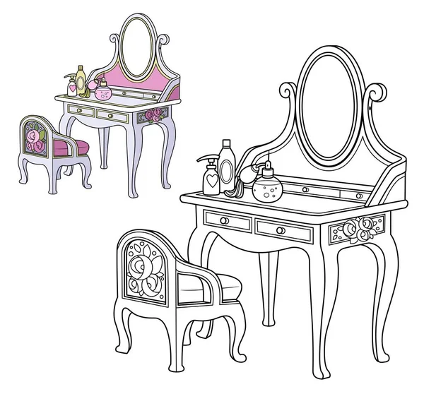 Barocker Frisiertisch Und Kleiner Stuhl Umrissen Und Farbe Für Malbuch — Stockvektor