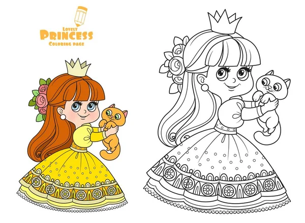 Pequeña Princesa Vestido Amarillo Sostiene Lindo Gatito Las Manos Delineadas — Vector de stock