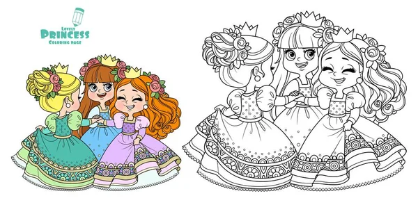 Três Princesas Bonitos Grinaldas Flores Rosa Dançando Mãos Dadas Delineadas —  Vetores de Stock