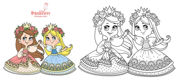 Duas Princesas Bonitos Grinaldas Flores Rosa Dançando Mãos Dadas Delineadas —  Vetores de Stock