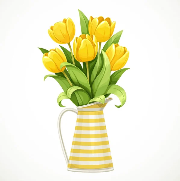 Bouquet Yellow Tulips Stands White Jug Stripes Isolated White Background — Stock Vector